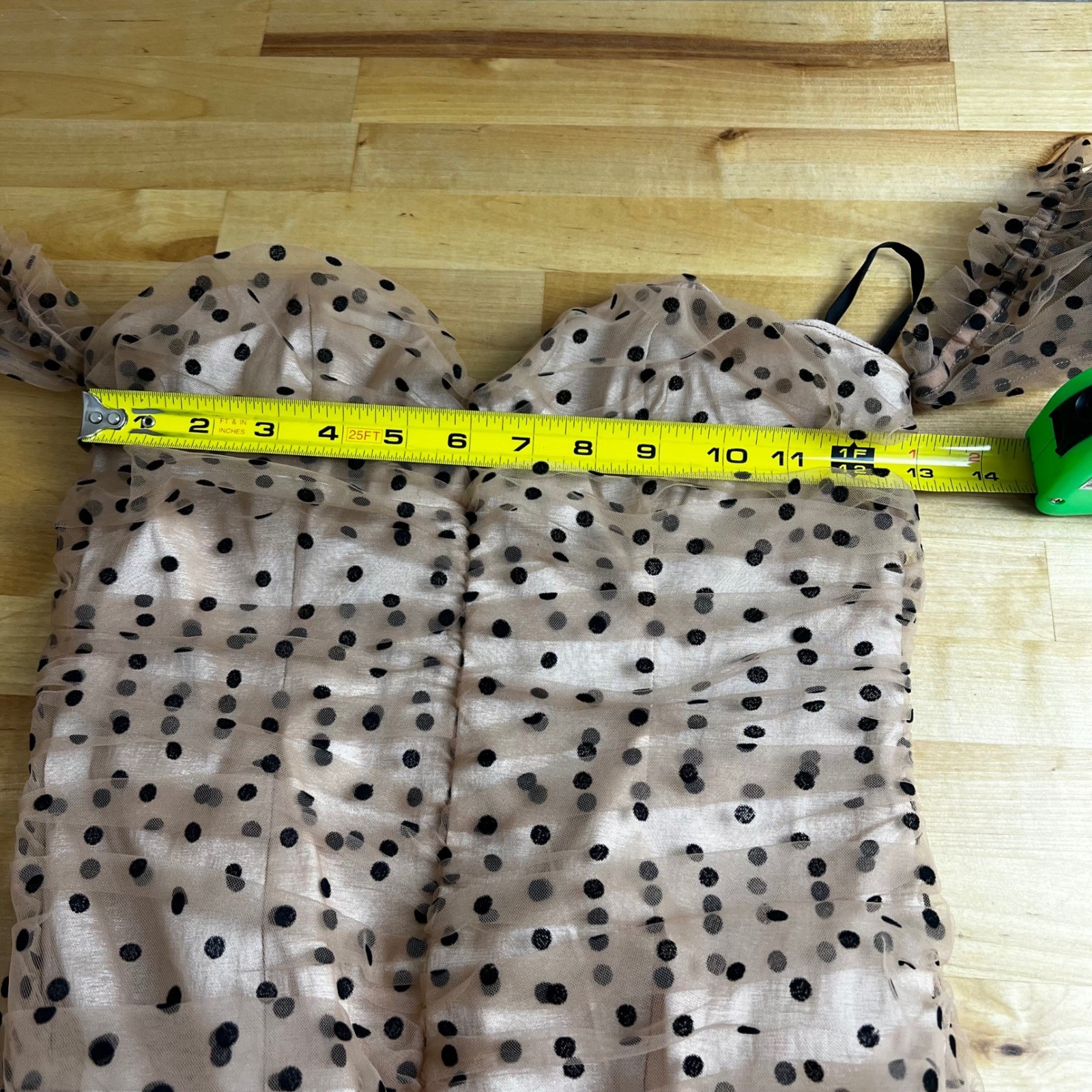 MAJORELLE Secrets Polka Dot Mesh Ruched Off Shoulder Mini Dress Strapless Size S