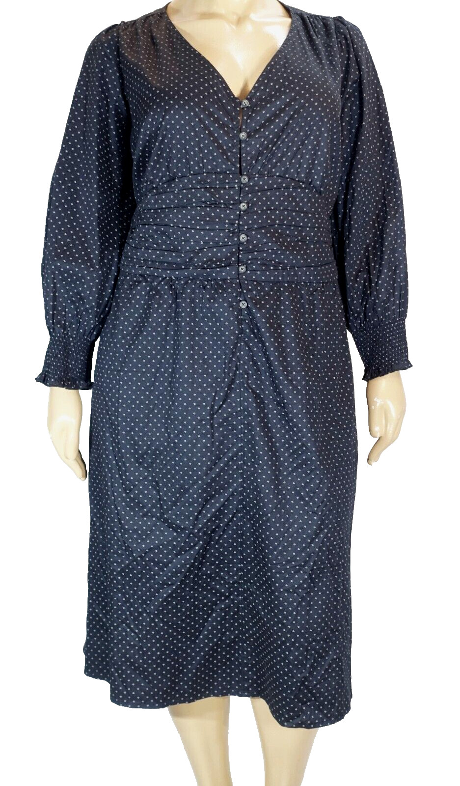 eShakti CUSTOM~MINT!!~BLACK W/WHITE PRINT COTTON RUCHED WAIST DRESS SZ:32W TALL