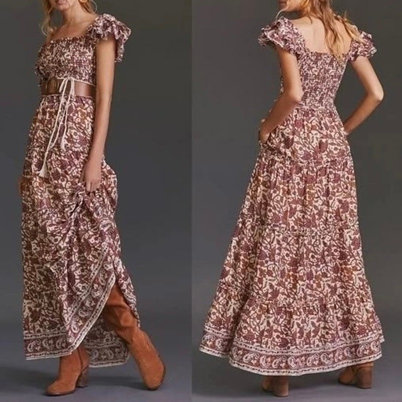 Anthropologie Love the Label Tiered Maxi Dress S Smocked Bouquet Floral Boho