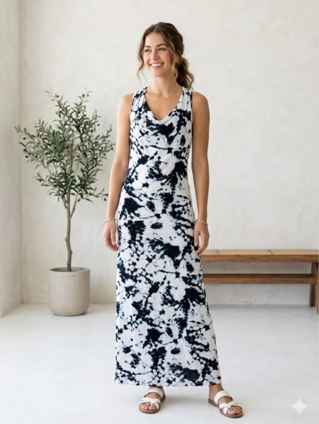 Cynthia Rowley Navy & White Tie-Dye Sleeveless Cowl Neck Maxi Dress – SIZE L