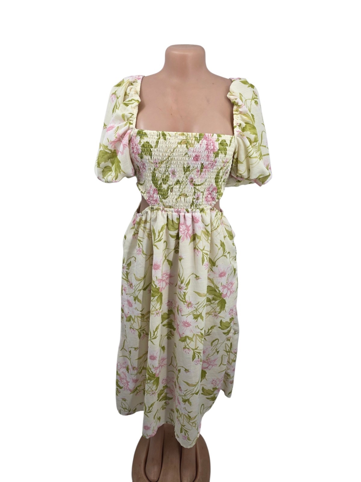 Hint Of Blush Floral Smocked Midi Dress Puff Sleeve Side Cutouts Women M
