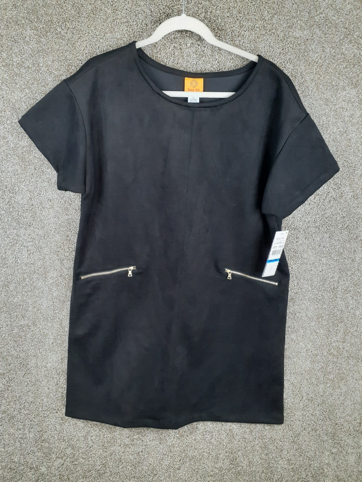 Ruby Rd Faux Suede Shift Dress Womens XL Black Short Sleeve Gold Zip Pocket NWT