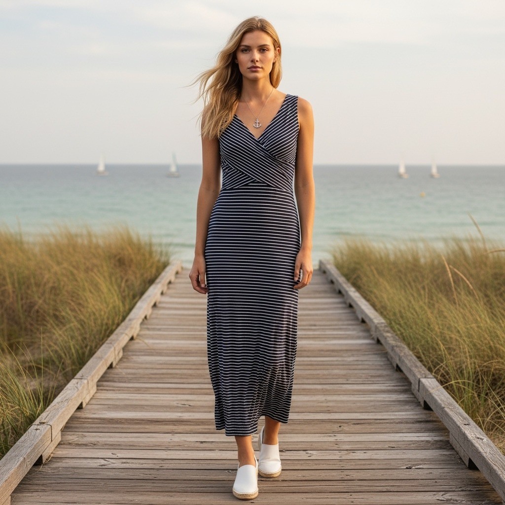 Cabi Navy Blue White Striped Sleeveless Midi Dress Small Surplice V-Neck Coastal