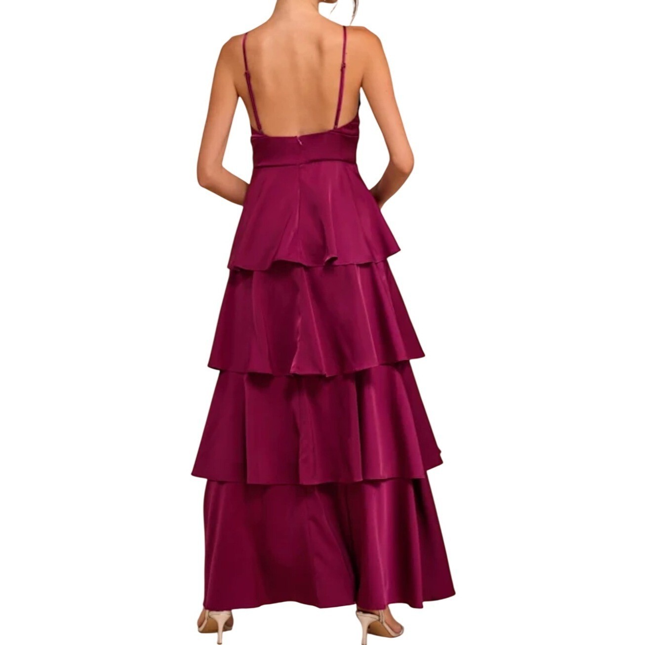 NWT Lulus Going with Elegance Plum Purple Satin Tiered Gown Maxi Dress S Ruffled