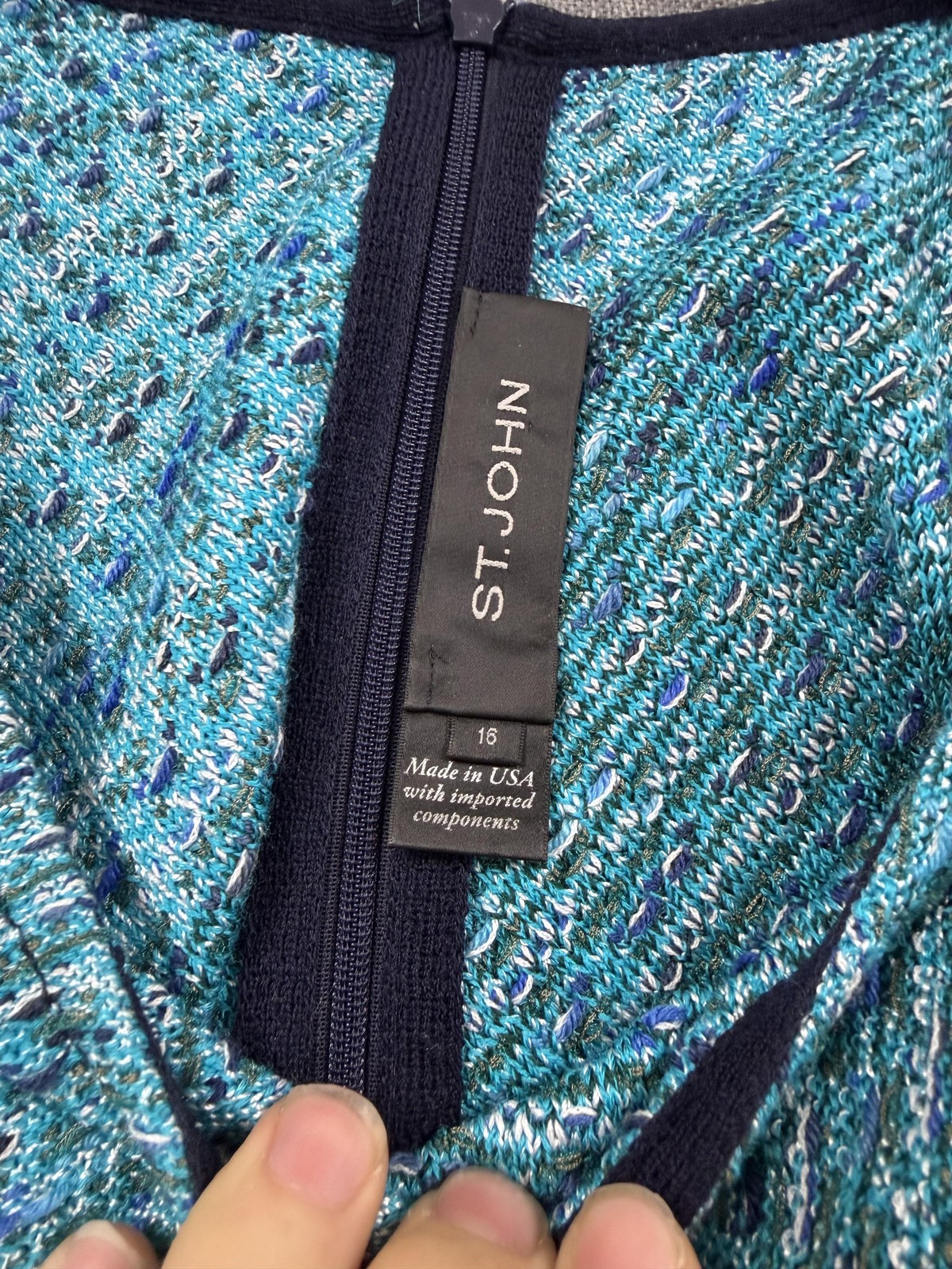 St. John Dress Womens 16 Blue Colorblock Teal Sheath Sleeveless Lined Tweed