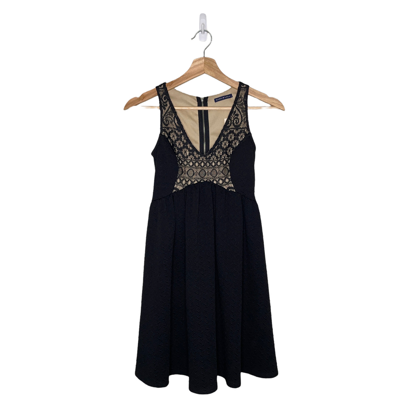 Basil Lola Dress Women X Small Black Tan Lace Textured V Neck A Line Back Zipper