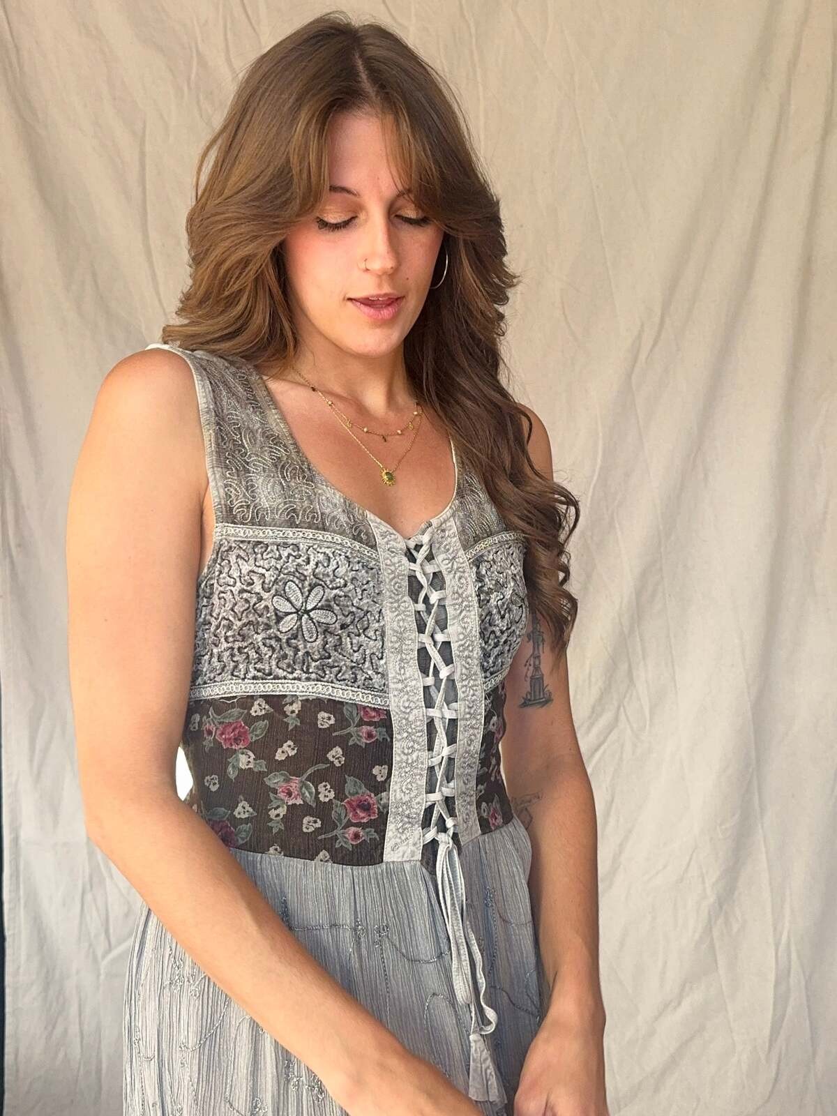 90s Grey Patchwork Whimsigoth Embroidered Fairy Maxi Dress