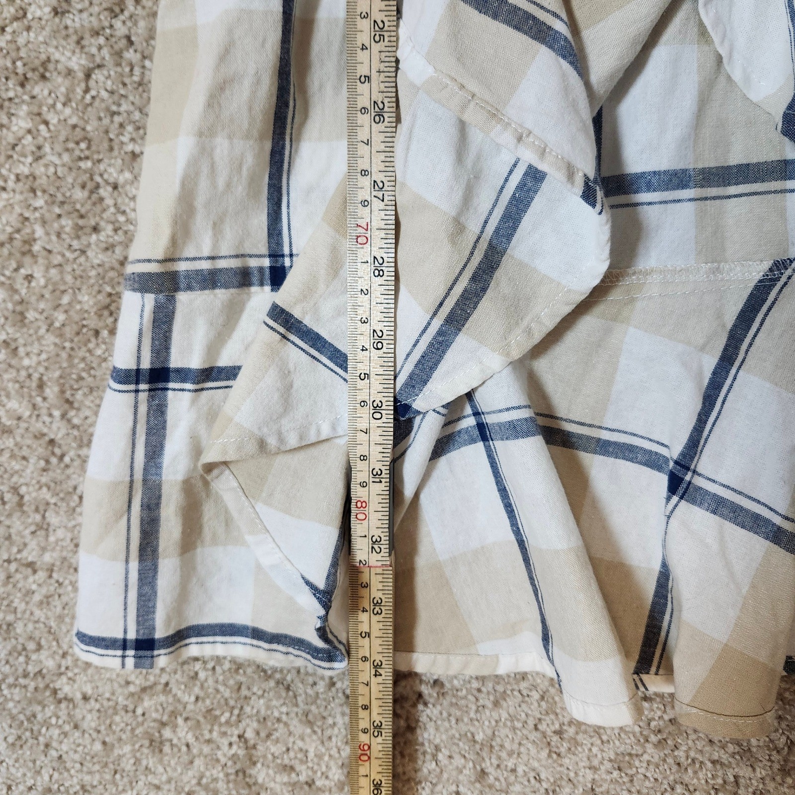 JOA Wrap Dress Tan Navy Blue Plaid Ruffle Hem Preppy Size M