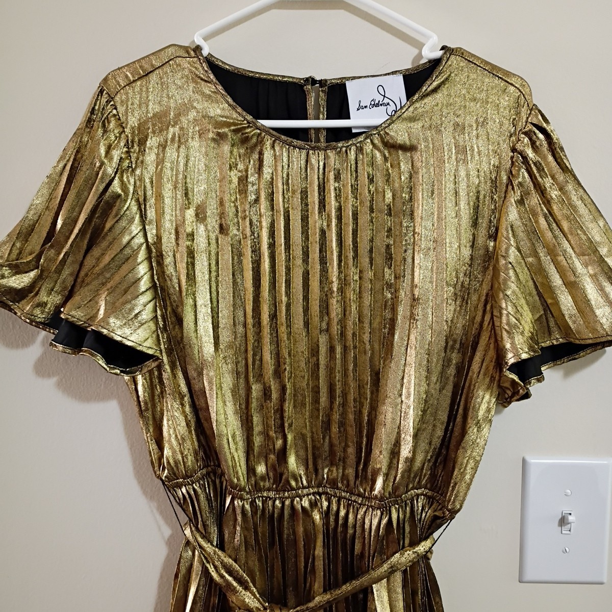 Sam Edelman Pleated Swing Dress Sz 14 Metallic Gold Lame Party Dance Event EUC