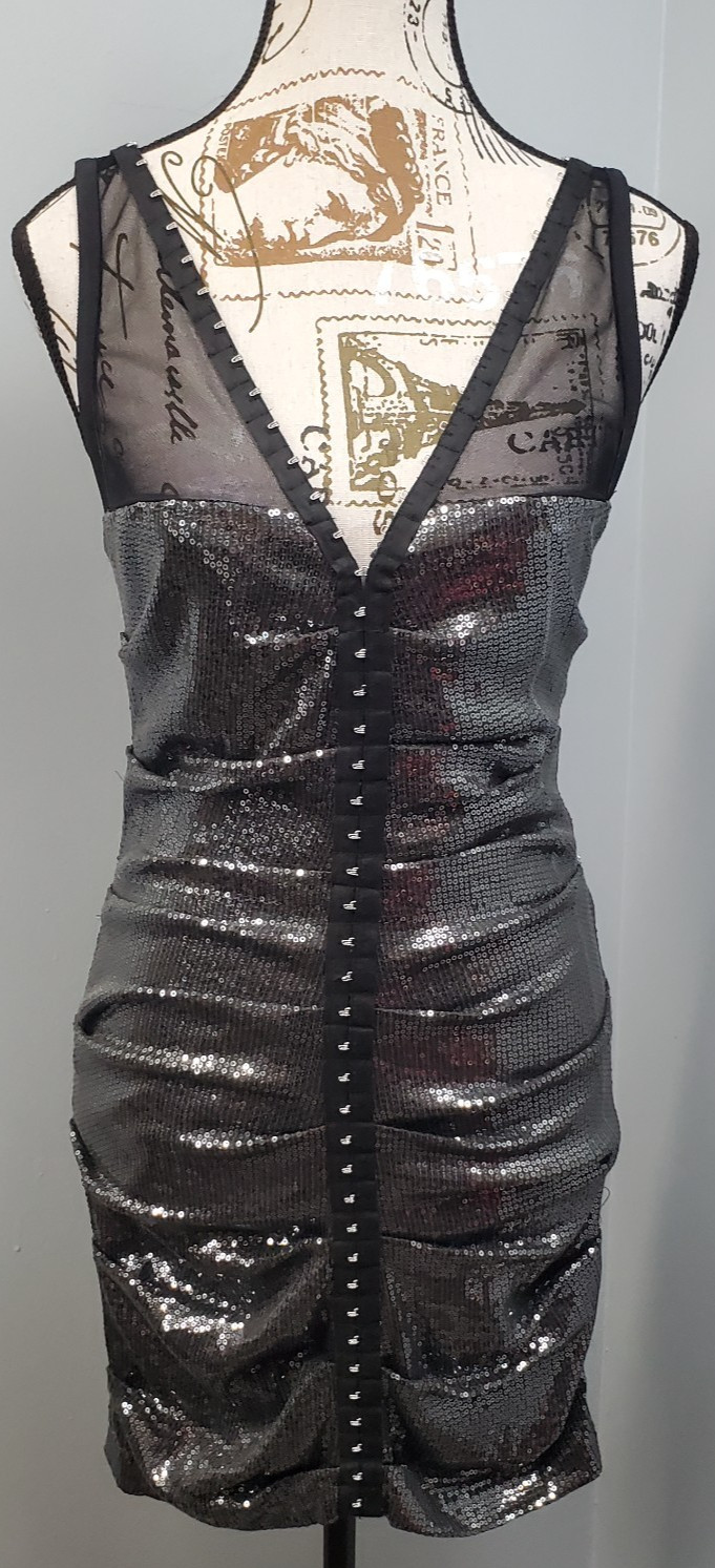 Nicole Miller Formal Dress Women 8 Silver Black Sequin Hook & Eye Front Back Zip