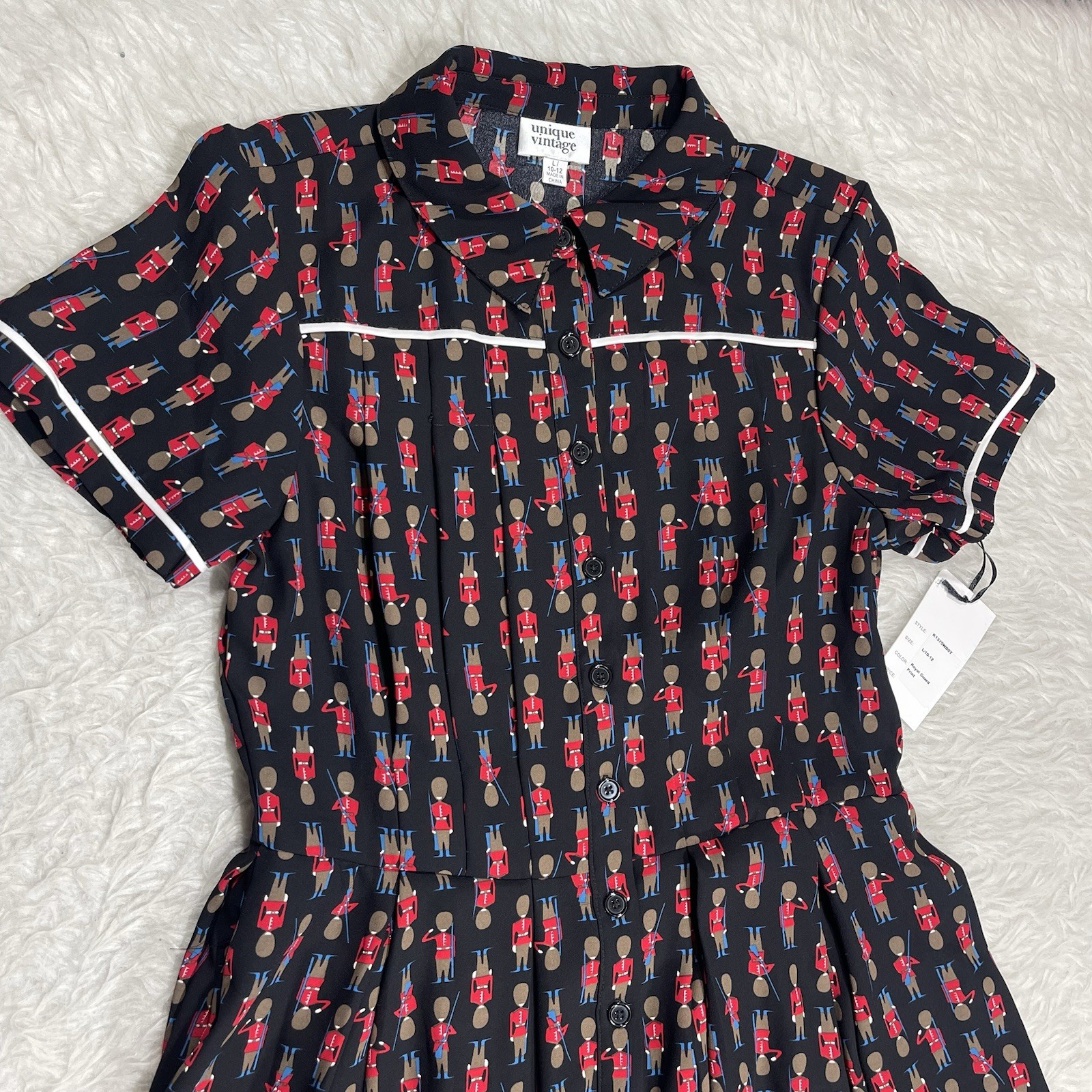 Unique Vintage Retro Pin Up Soldier Print Fit Flare Shirtdress Size Large NWT D3