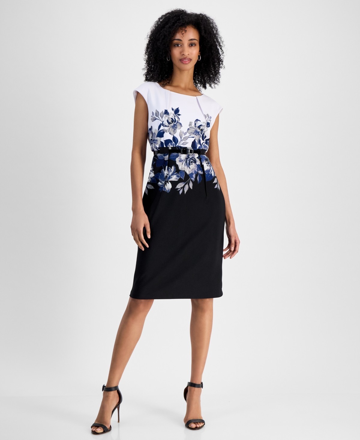 Connected Apparel Petite Jewel-Neck Printed Scuba Sheath Dress Women’s 10P Cadet