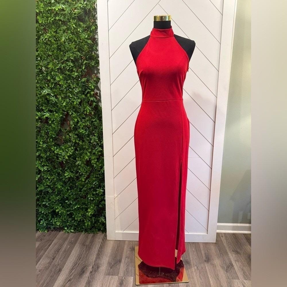 Remarkable Elegance Red Backless Halter Column Dress