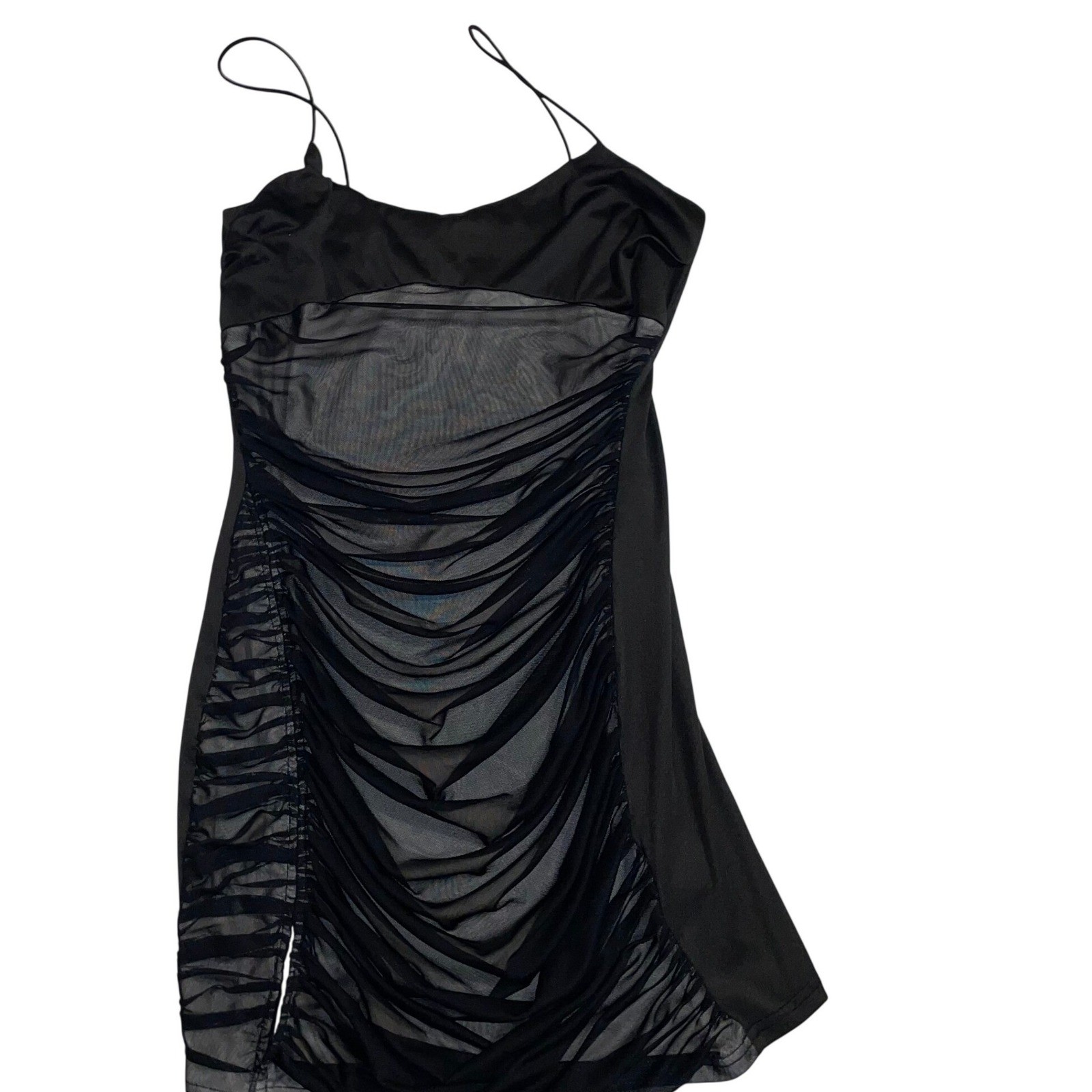 Y2K Black Ruched Mesh Mini Dress Bodycon Sheer Club Party Going Out Dress