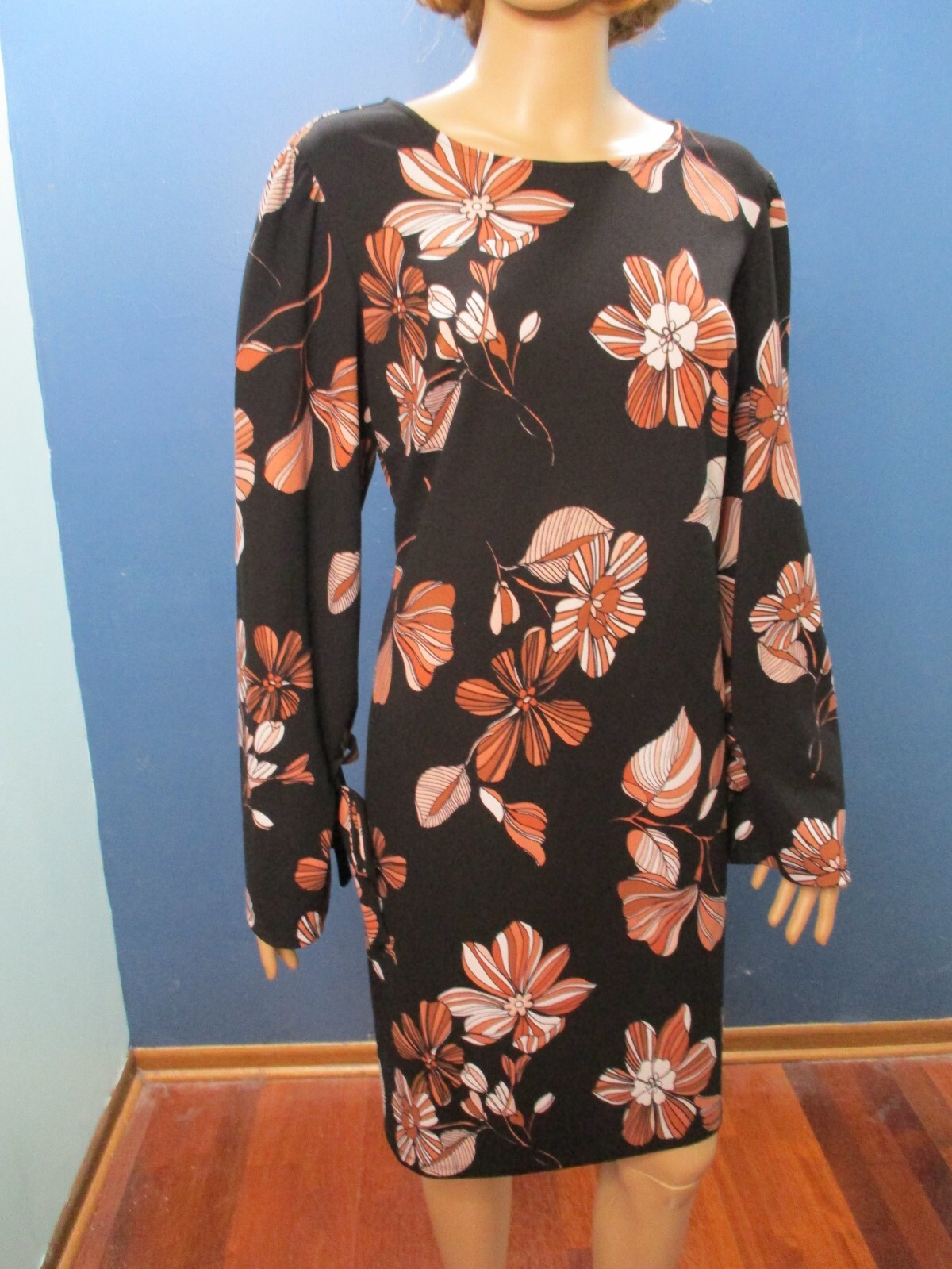 size 14 black and rust floral zip up knit sheath retro mod dress by NINE WEST