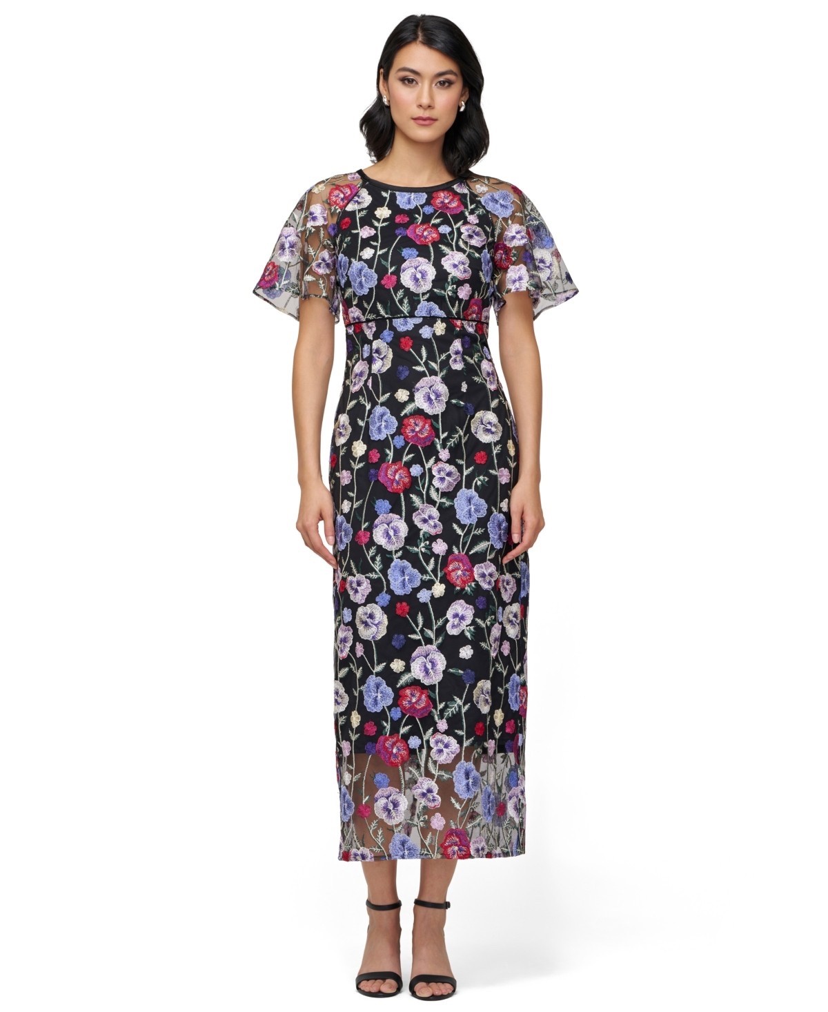JS Collections Lacey Floral Embroidered Mesh MIDI-Dress Black Multi Size 14