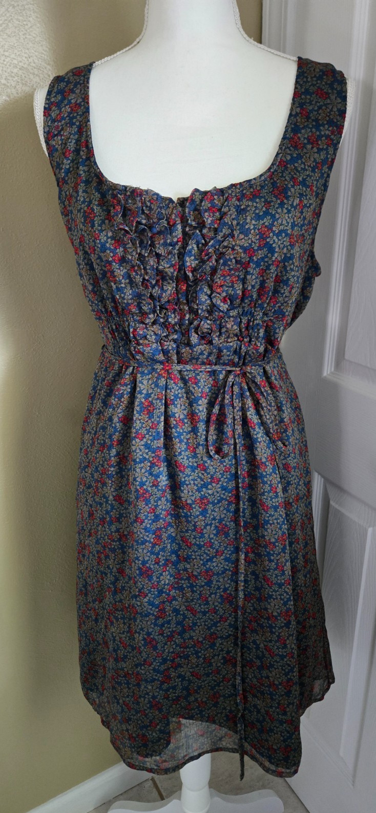 Converse One Sleevless Tie Waist Ruffle Front Floral Dark Blue Dress Size XL