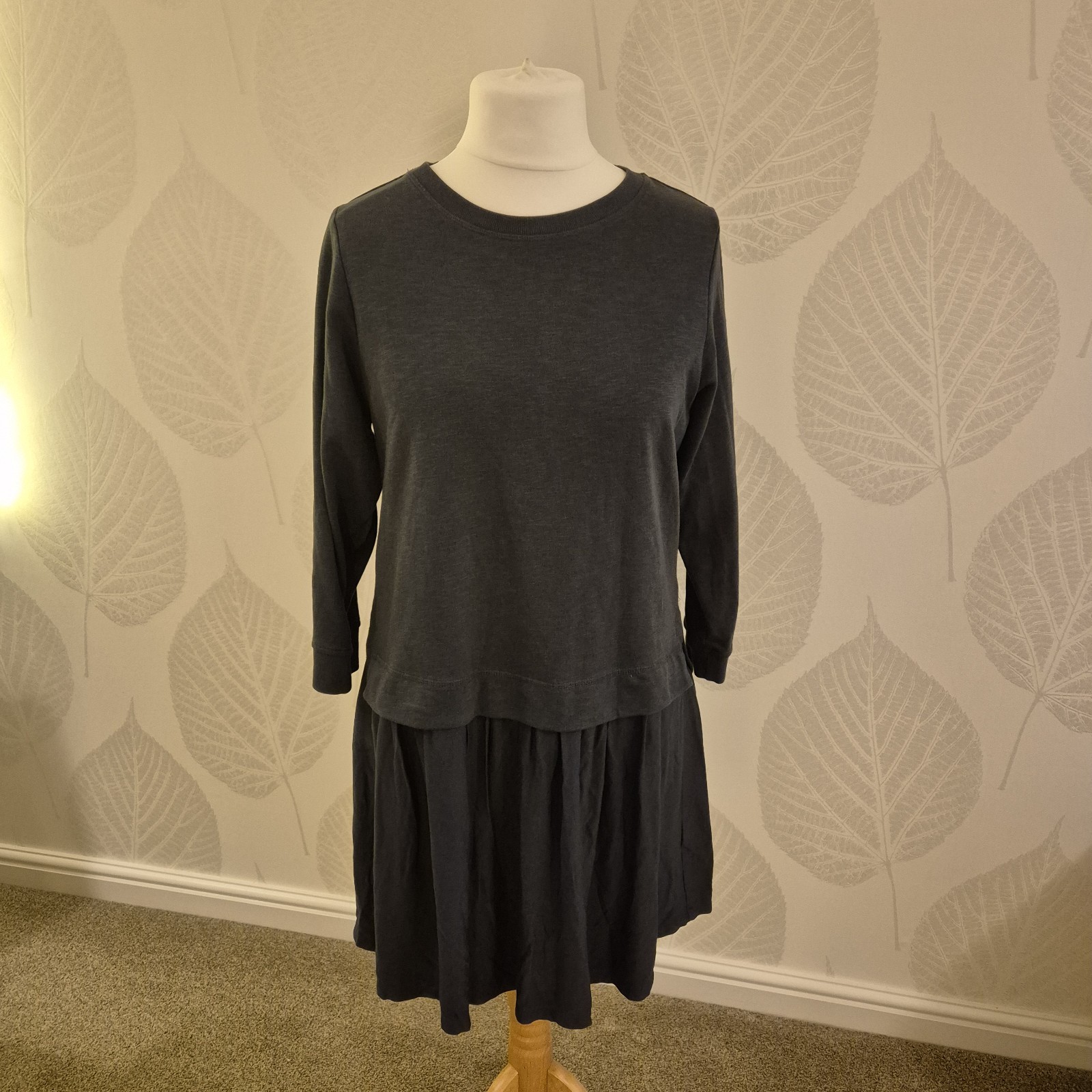 Oliver Bonas Size 12 Dark Grey Casual Mini Dress Comfy Winter Spring 3/4 Sleeve
