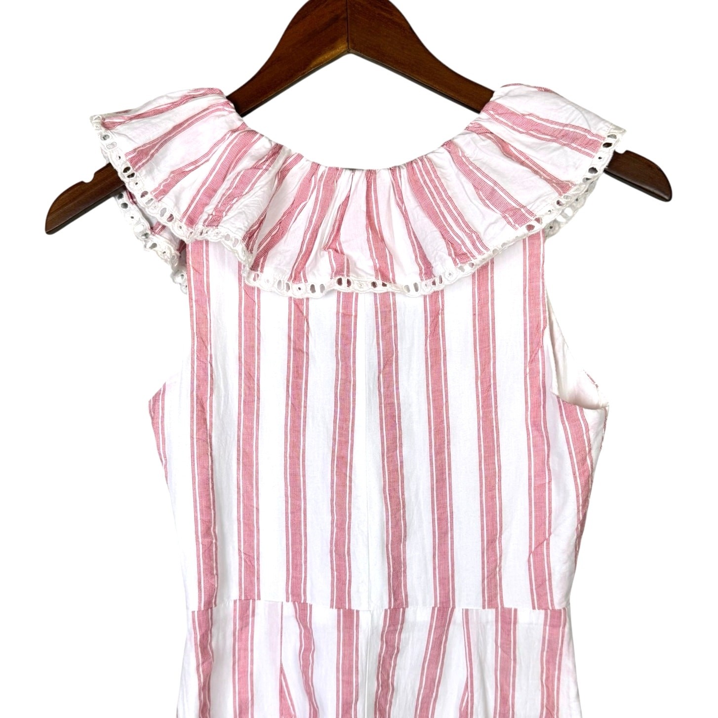 Tularosa XS Bennet Red White Double Stripe Ruffle Eyelet Trim Cotton Mini Dress