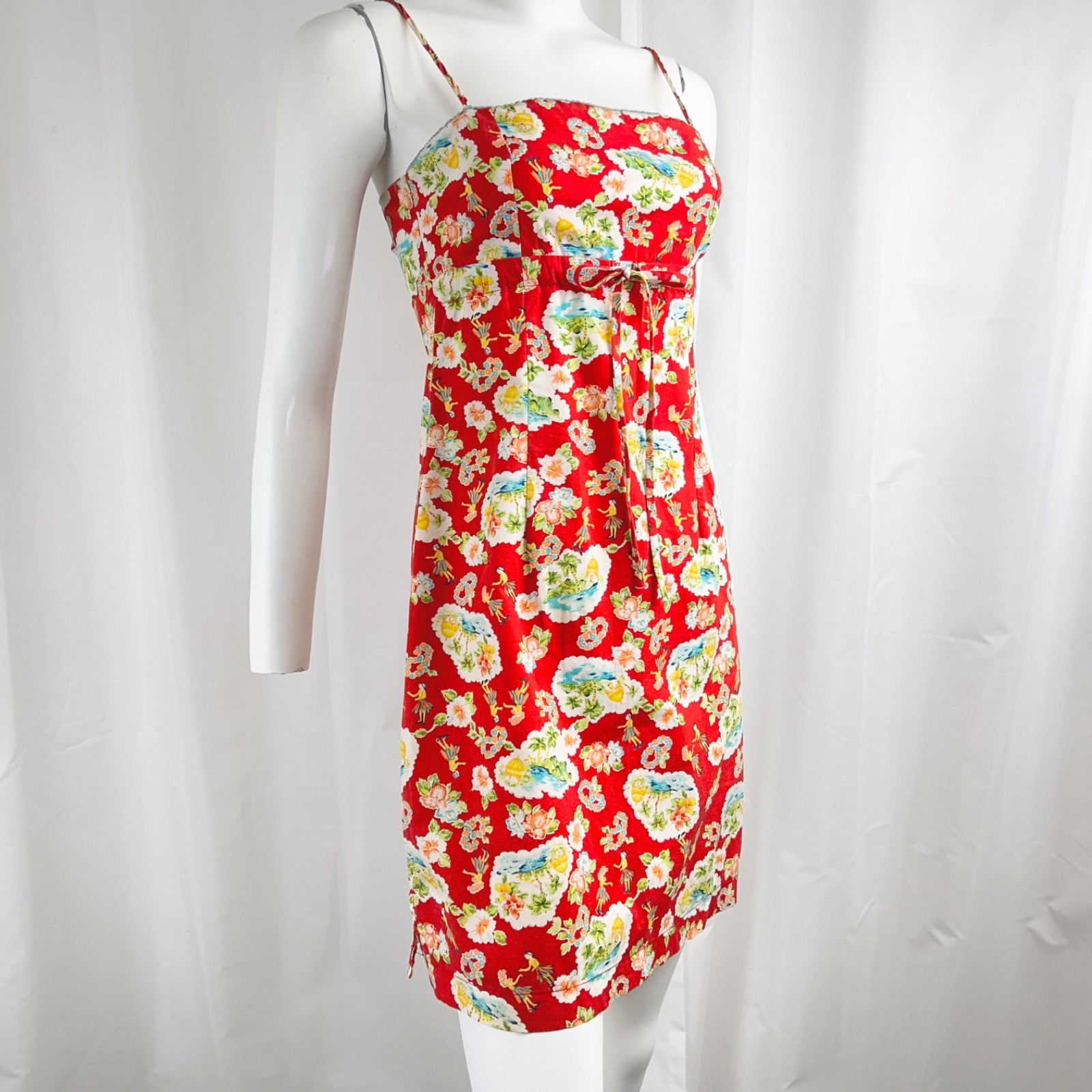 Vintage 5-7-9 579 Hawaiian Mini Dress Red Spaghetti Strap Empire Waist Sundress