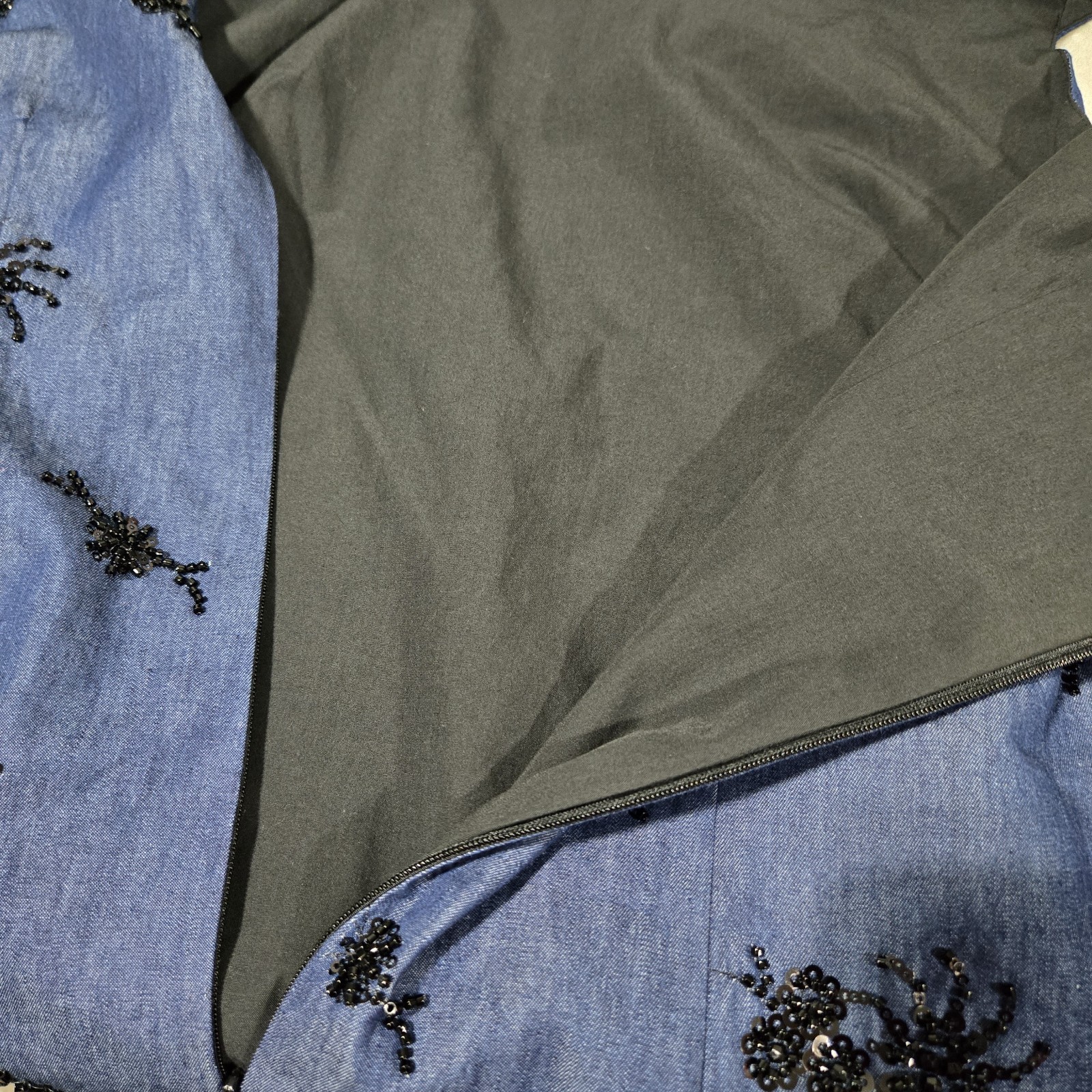 ZARA Blue Denim Color Beaded Shift Mini Dress S Sleeveless Scoop Neck Lined Zip