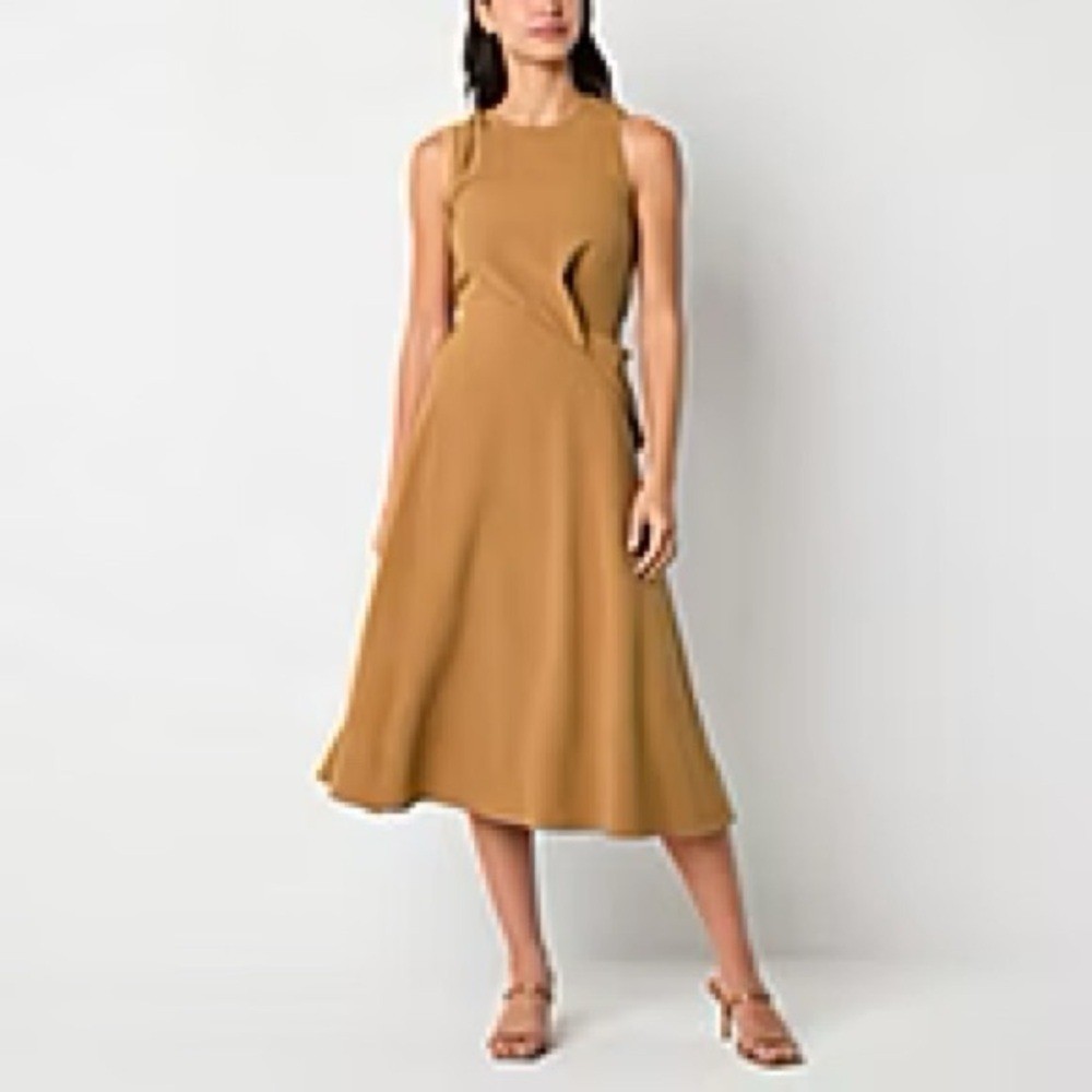 Maia Camel Sleeveless Midi Dress Draped Front Size 14