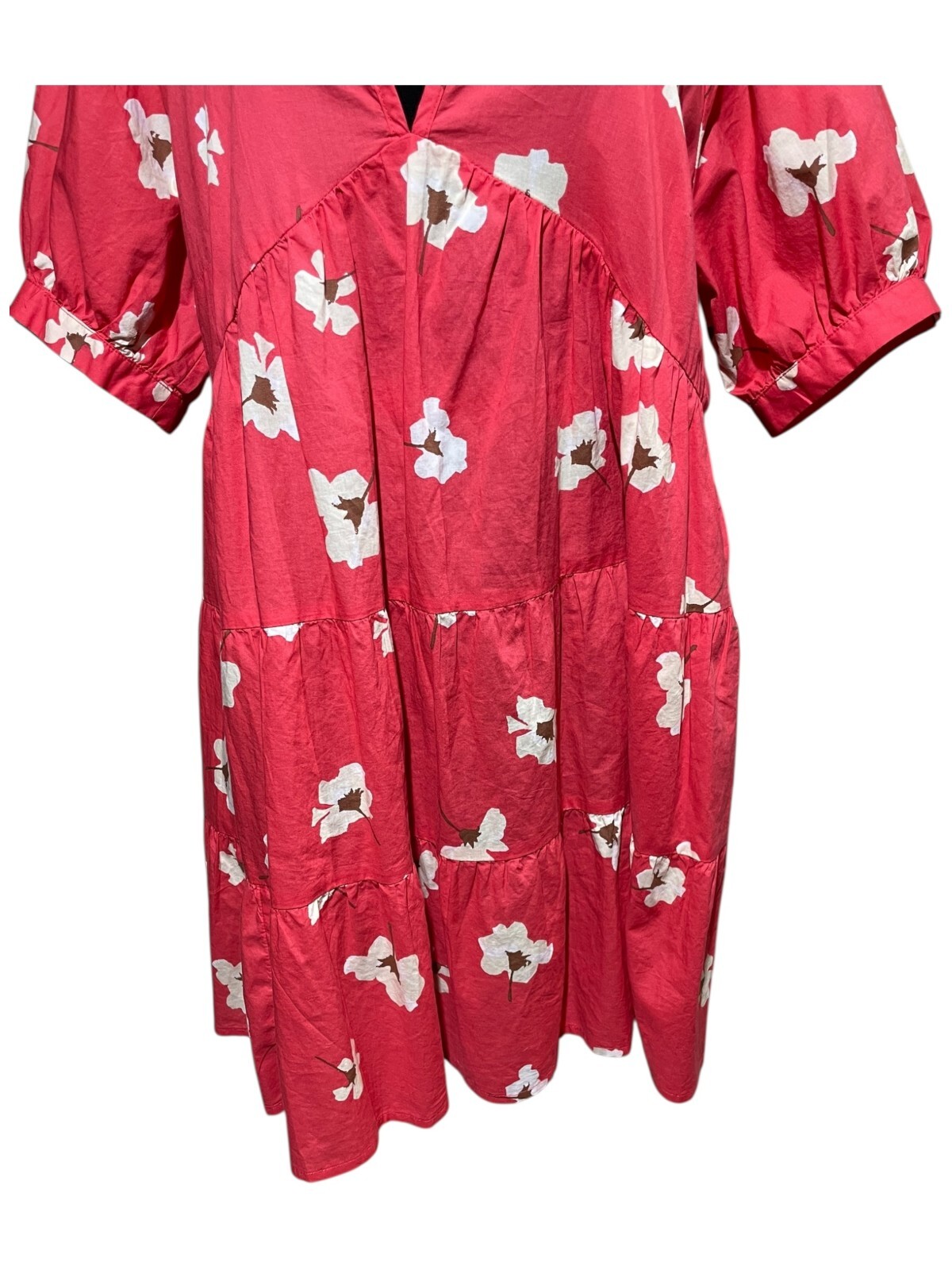 Universal Thread Puff Sleeve Floral Tiered Babydoll Dress Sz L Coral Beach Boho