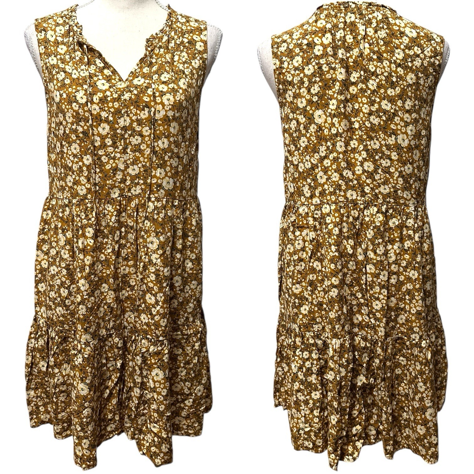 Old Navy Brown Yellow Ditsy Floral Swing Tie Neck Mini Dress Women’s S Boho