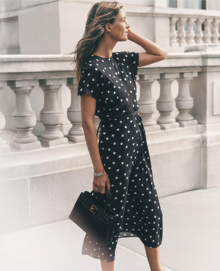 NEW ANN TAYLOR $179 BLACK DOTTED CREPE COLUMN MIDI DRESS SZ 6P