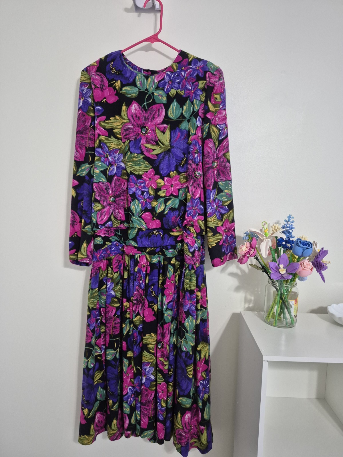 JLT Just Like That Womens Floral Long Sleeve Crew Neck Button 80s Vintage – L