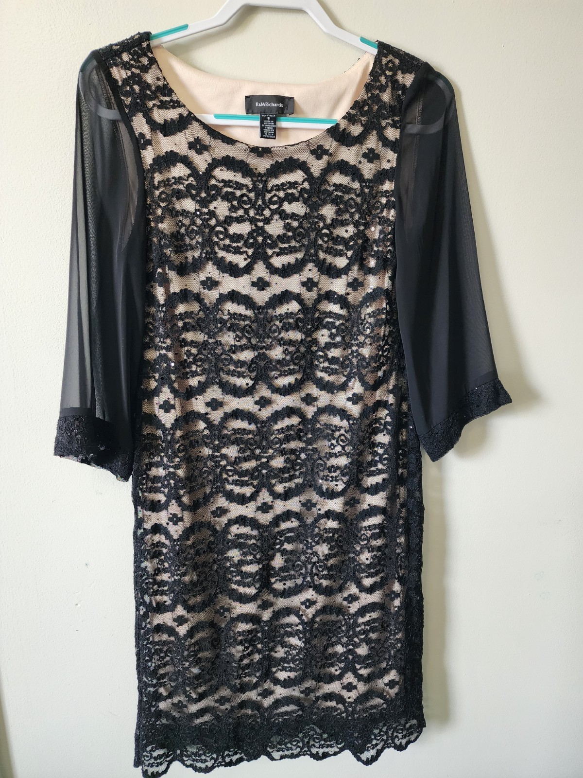 R&M Richards Black Lace Overlay Cocktail Dress Size 8 Sheer Sleeve Sequin Party
