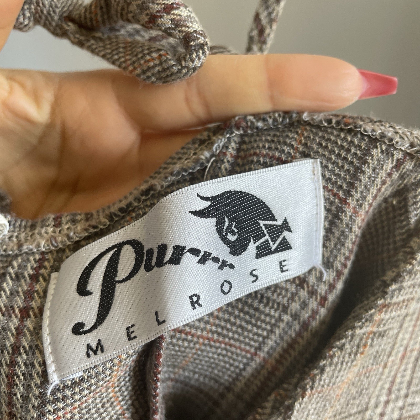 PurrrMelrose Wool V Neck Plaid Patterned Tie Back Mini Slip Dress in Brown