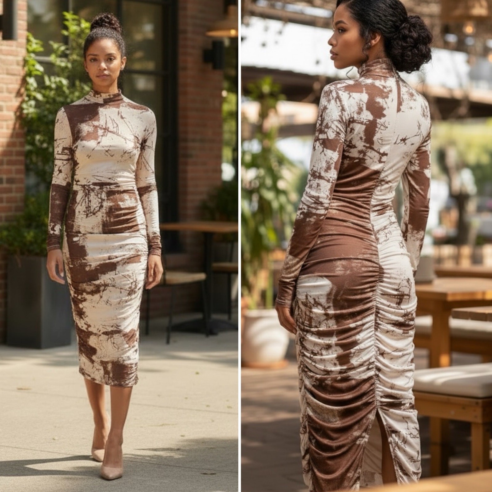 Sheer Ruched Midi Dress S Cream Brown Mesh Mock Neck Steps NY Abstract NWT