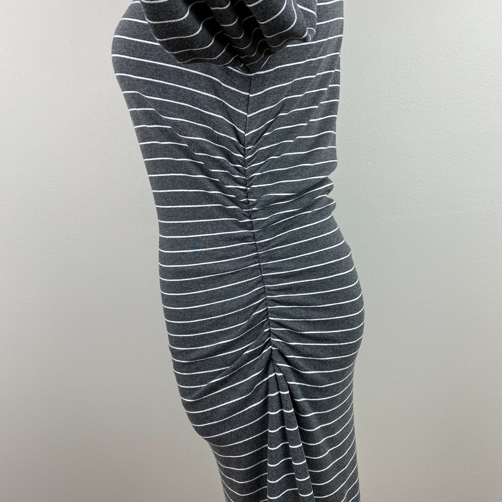 Ann Taylor Dress Small Gray White Stripe Sheath Ruched Waist Long Sleeve Career