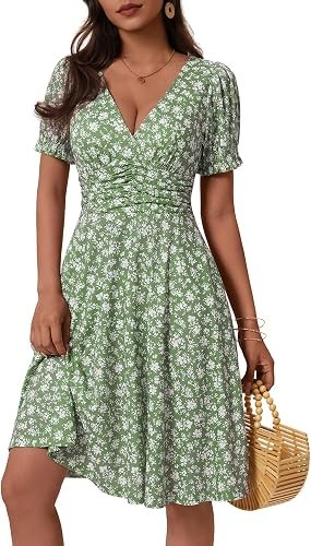 HUHOT Women’s Puff Sleeve Summer Sun Dress with Pockets M