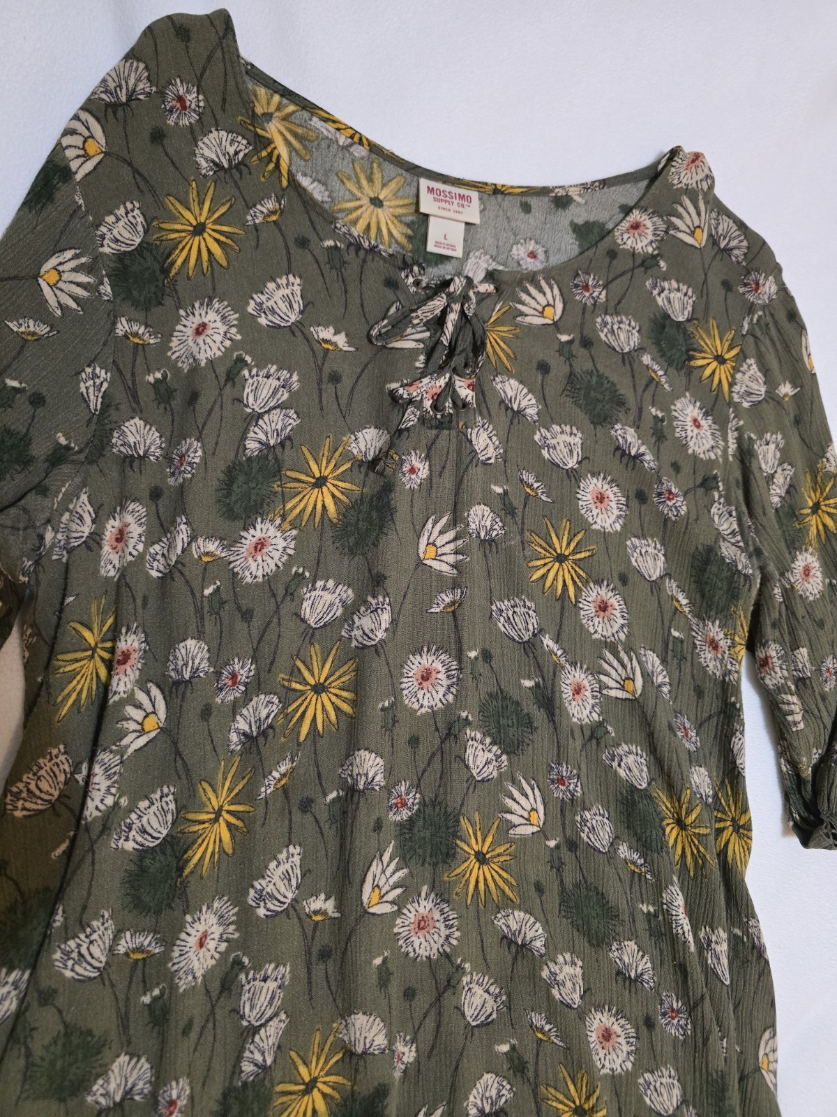 Womens Large Mossimo Olive Green Sunflower Print Boho Hippie Floral Mini…