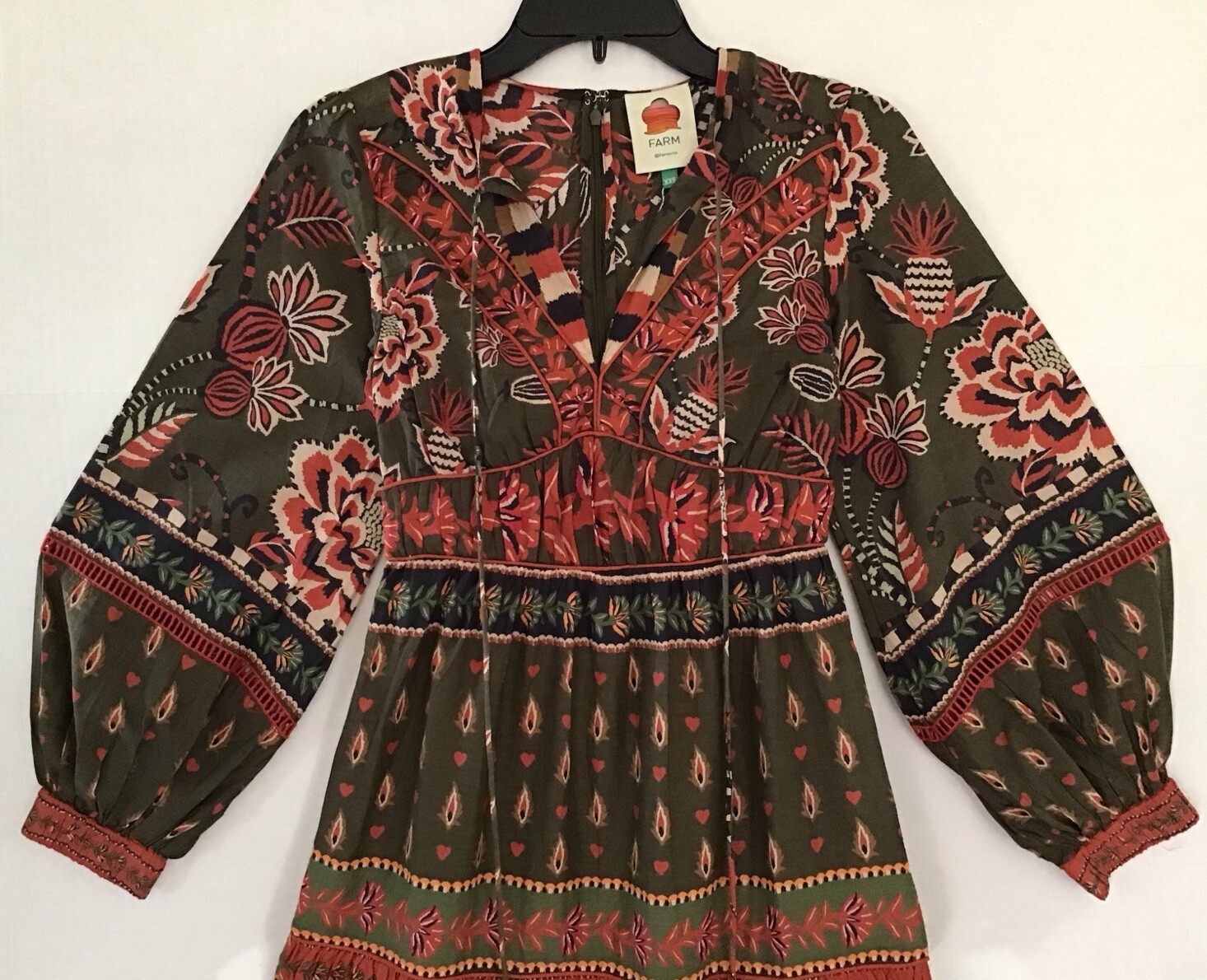 FARM RIO AINIKA MULTI MIX LONG SLEEVE V NECK MAXI DRESS XXS REG $285 NWT