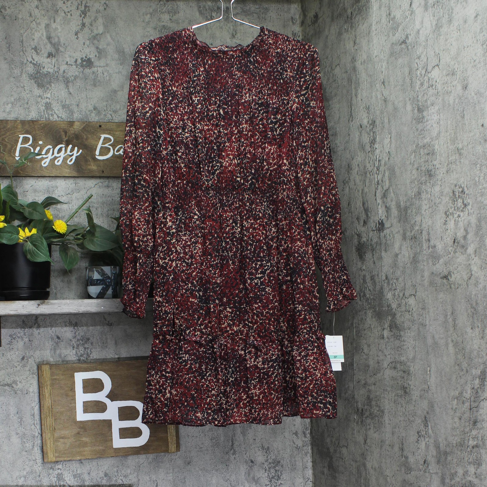 taylor Petite Sheer Long-Sleeve Chiffon Smocked Waist Dress Red Crimson Multi 8P