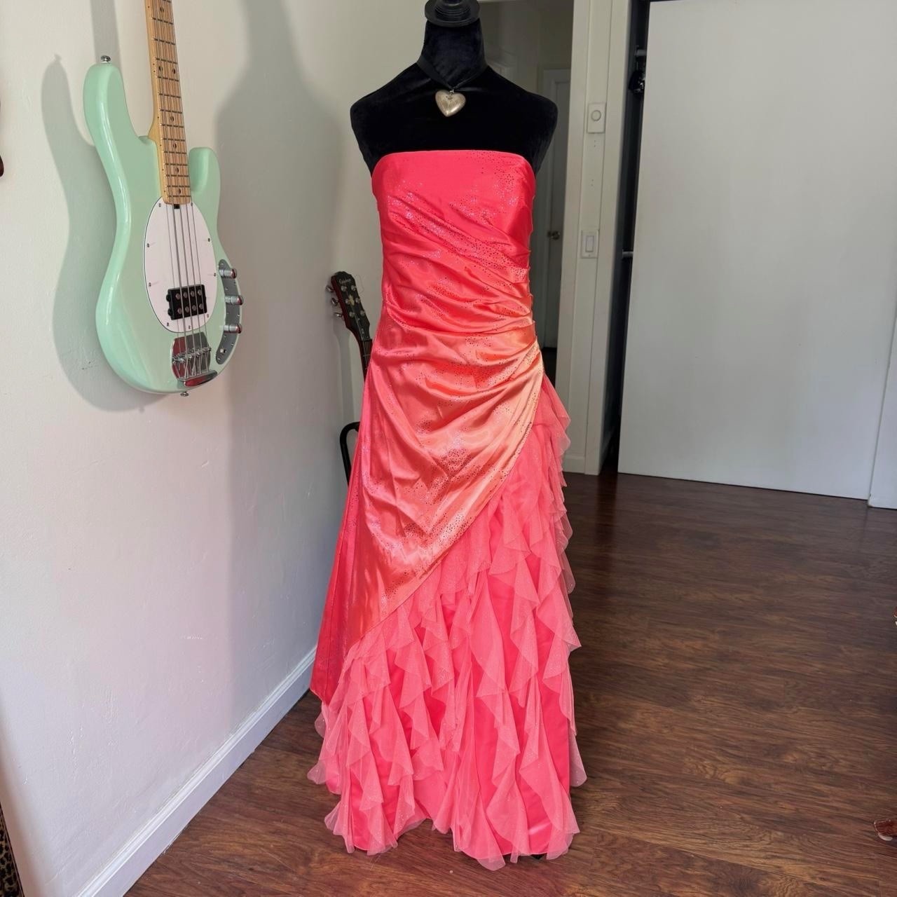 Vintage Jump Sunset ombre strapless prom dress with ruffles and sparkle detail