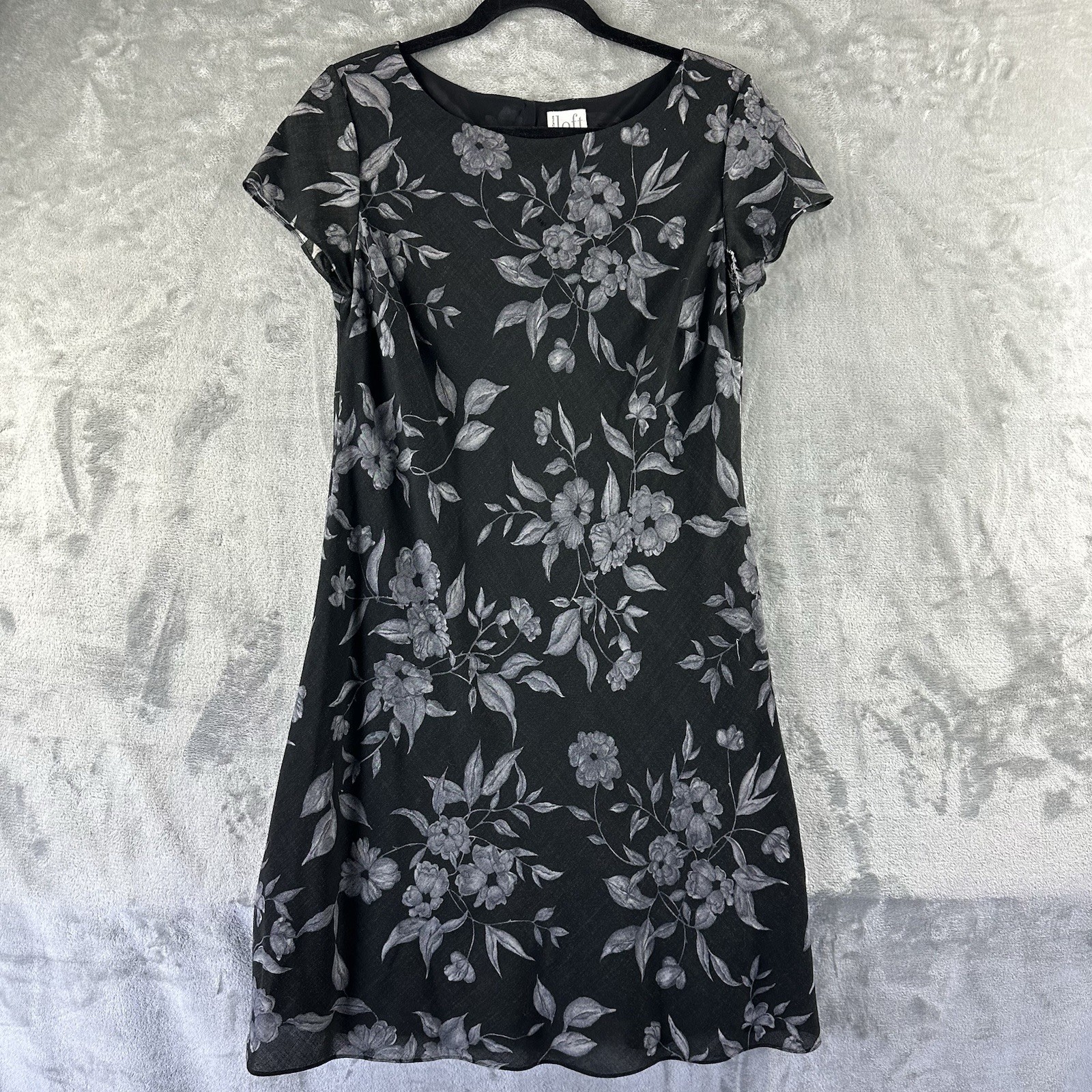 Ann Taylor Loft A-Line Dress Women’s 10 Black Gray Floral Print Rayon Wool Blend