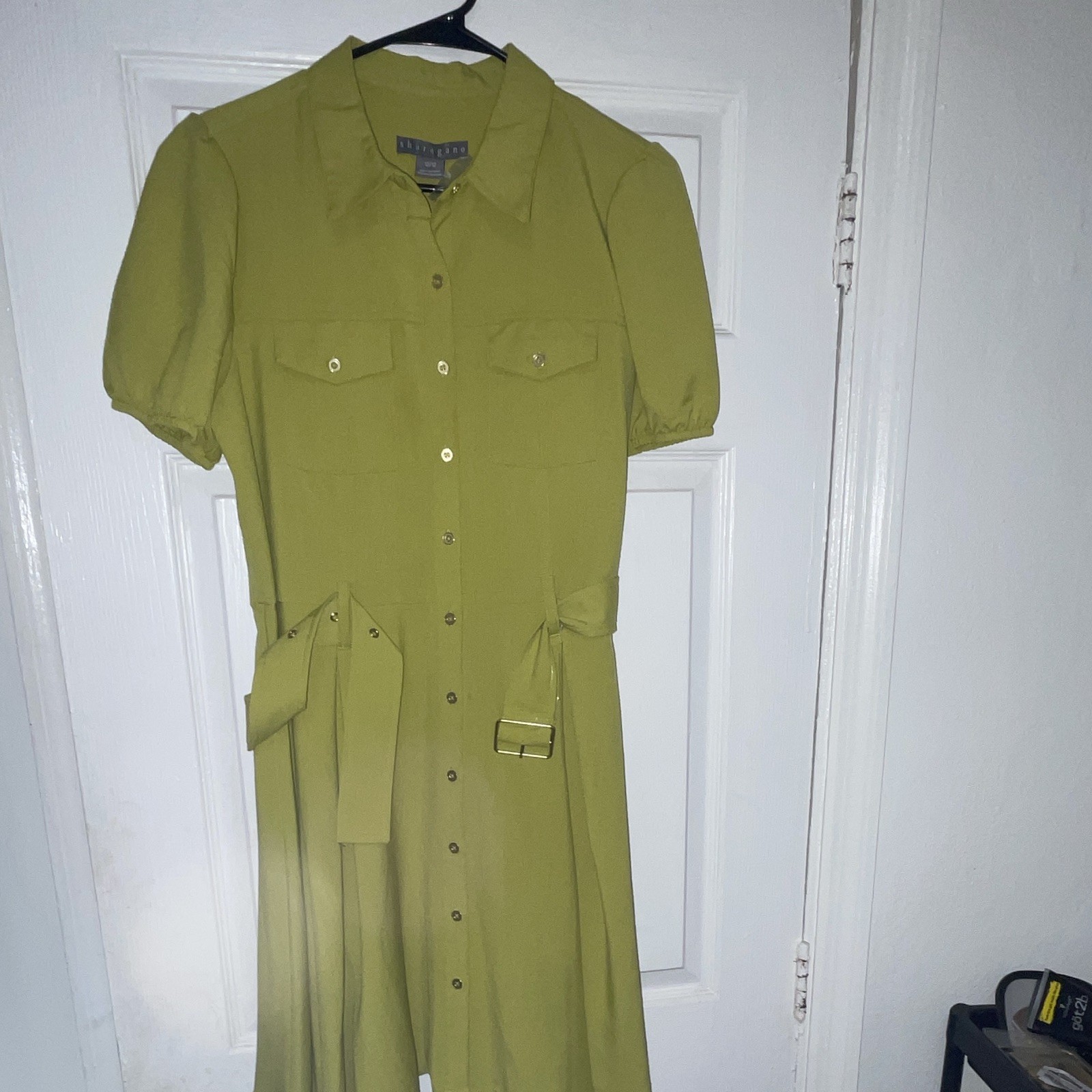 Theory 38 Green Solid Silk Shirt Dress Collared Short Puff Sleeve Belted 0
