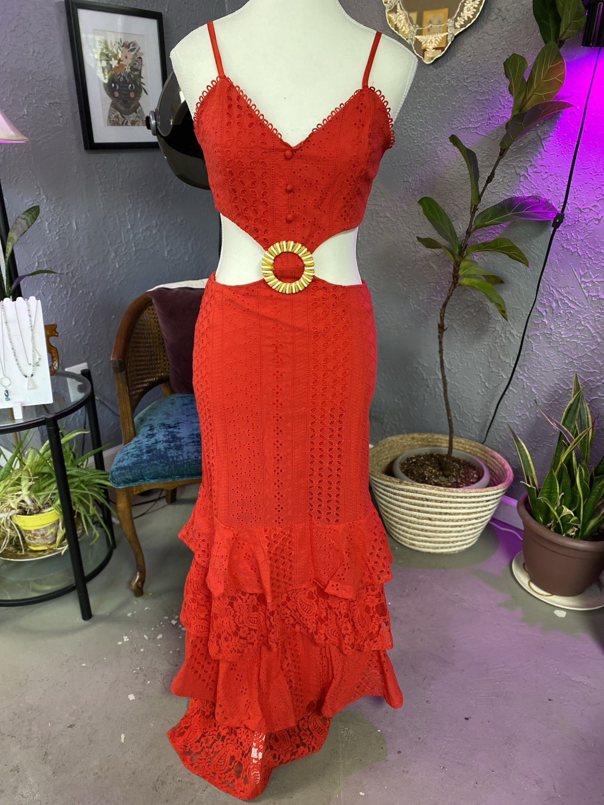 Chicways Red Festive Eyelet Cutout Waist Lace Dress Tiered Size Small