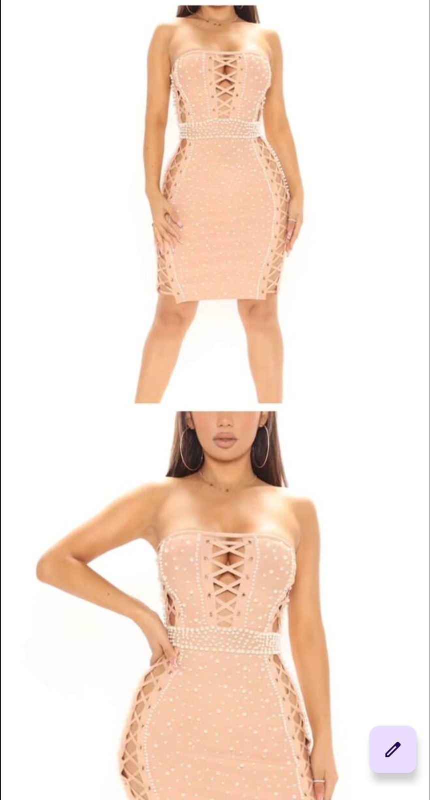 AKIRA Peach Strapless Lace-Up Pearl Stud Bodycon Dress