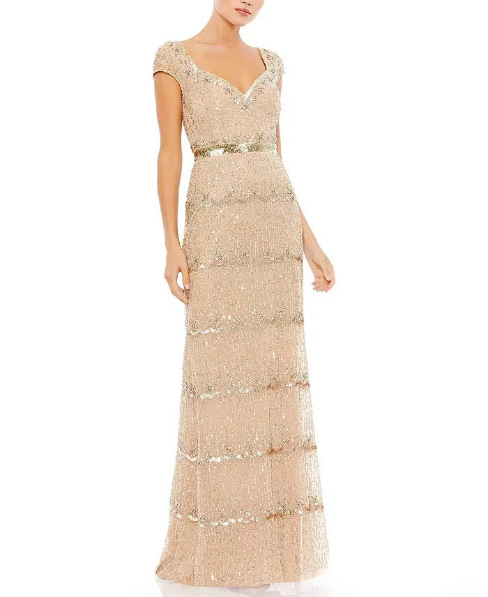 Mac Duggal Nude Beige Gold Cap Sleeve Embellished Column Gown Size 6 $698