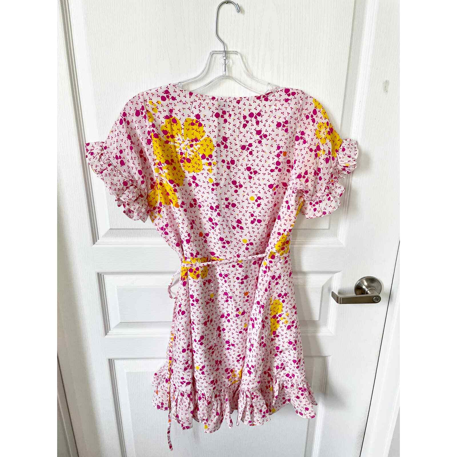 All Things Mochi Dory Mini Wrap Dress Pink Fuchsia Dot Floral Silk Medium