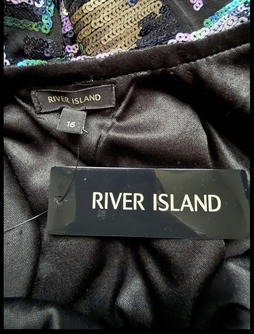 River Island Sequin Sexy Stretch Mini Dress UK16 Black Multi Party Prom Cocktail