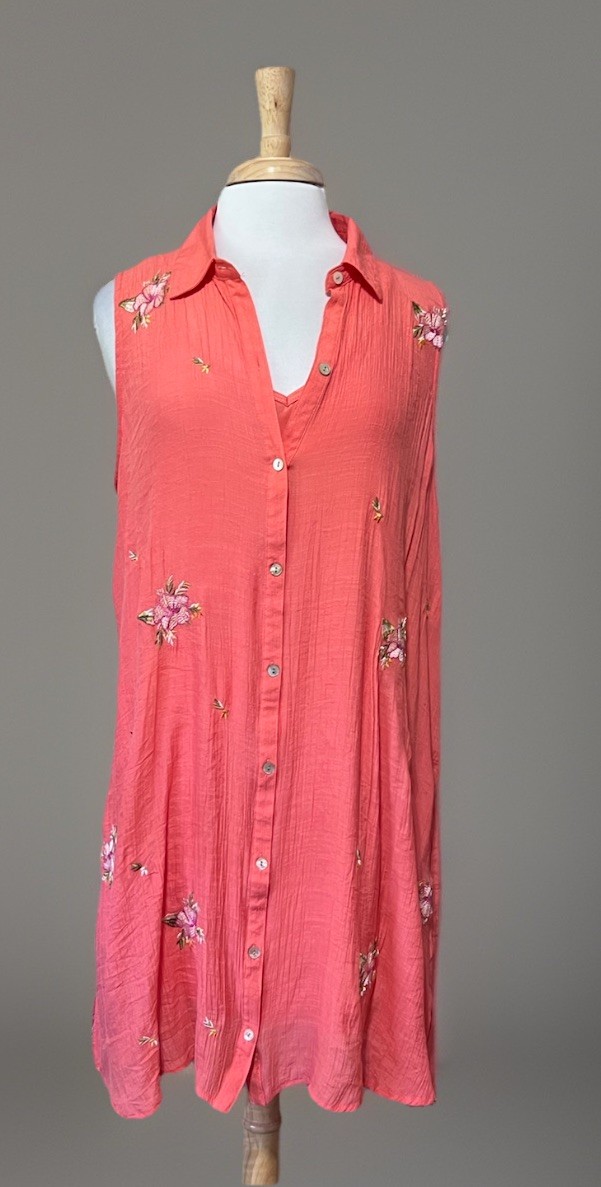 Hope Springs Coral Boho Embroidered Button Front 2 Piece Shirt Dress Size XL