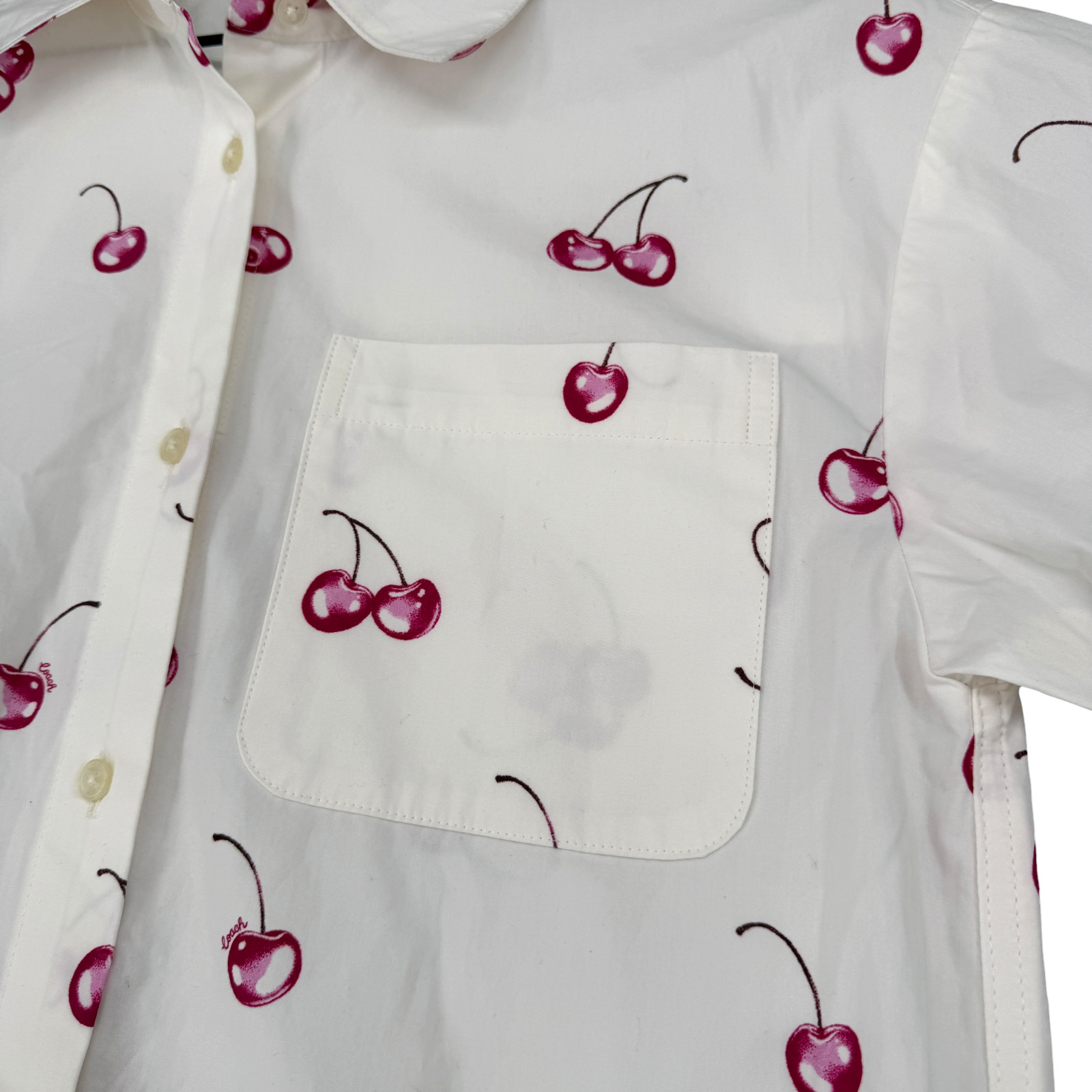 Coach Cherry Button Front Dress XS Cotton White Collared Pockets Preppy CQ848