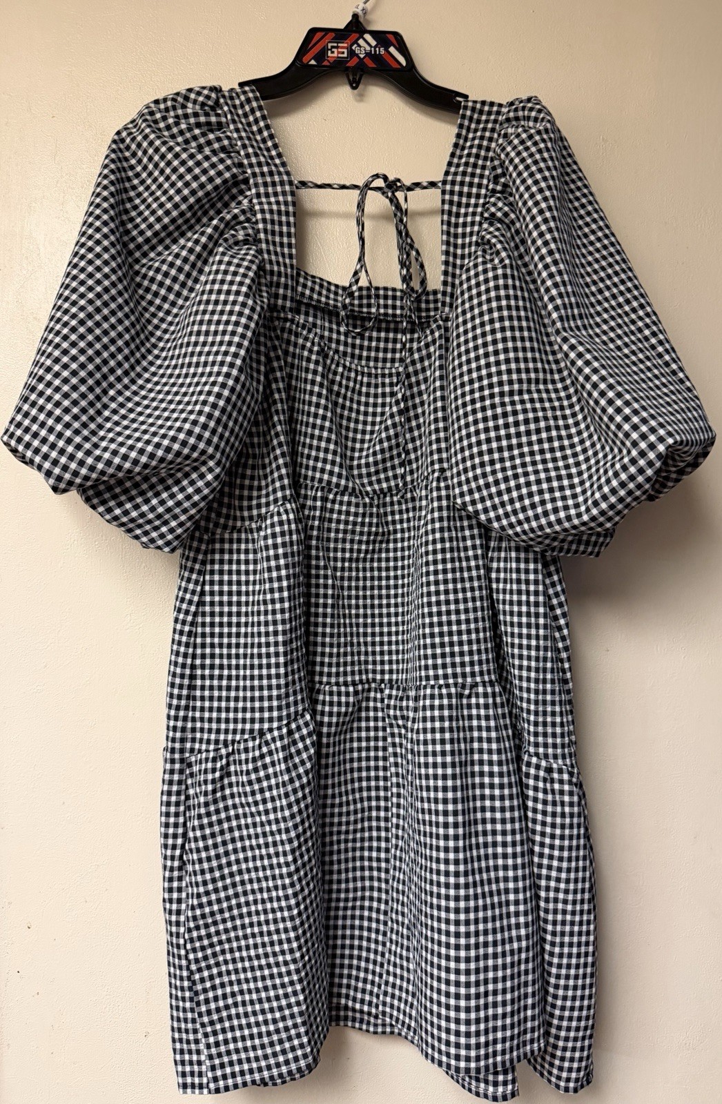 Nasty Gal Black/White Gingham Puff Sleeve Square Neck Tiered Mini Dress US 10
