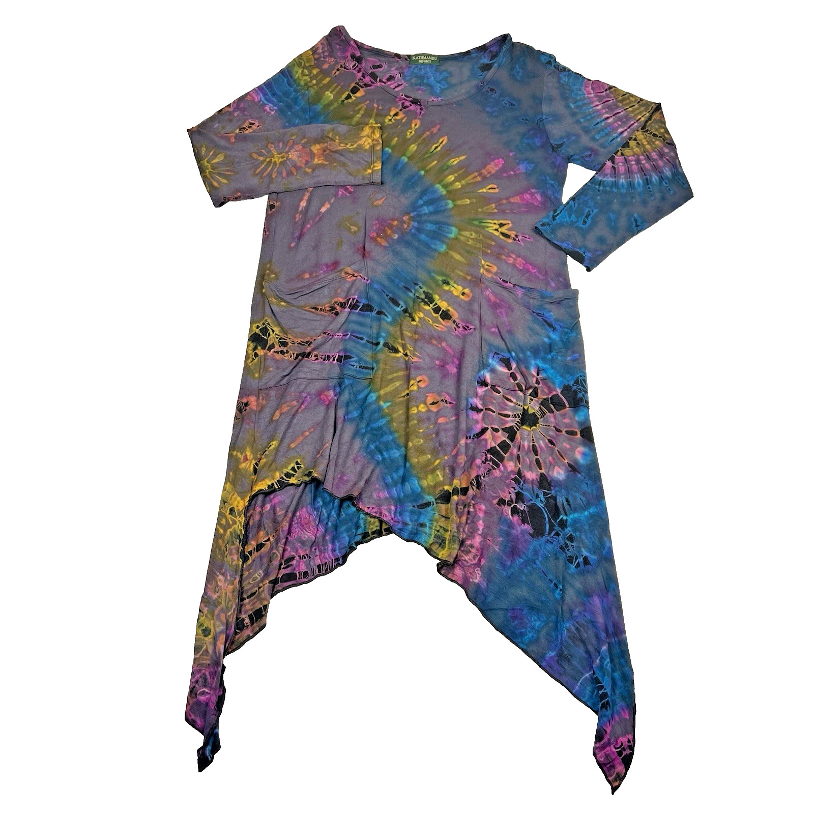 Kathmandu Imports Boho Tie Dye Asymmetric Dress Multicolor Festival Hippie L/XL